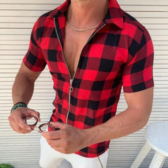 Men's Plaid Zipper Short Sleeve Shirt – Summer Casual Cardigan