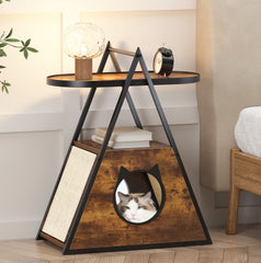 Vintage Black Wood Cat House End Table – Dual-Function Cat Condo & Storage Side Table