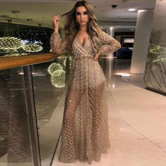 Elegant Hollowed Out Long Sleeve Dress – Stylish Mid-Waist Dress