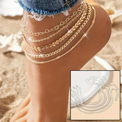 "5Pcs Bohemian Layered Anklet Set – Stylish Airplane & Heart Chain Anklets for Women – Trendy Beach Foot Jewelry in Gold & Silver"