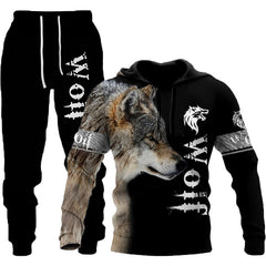 3D Wolf Print Tracksuit – Men's Hooded Sportswear Jogging Set for Running & Fitness