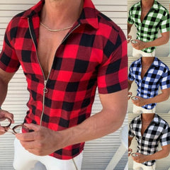 Men's Plaid Zipper Short Sleeve Shirt – Summer Casual Cardigan
