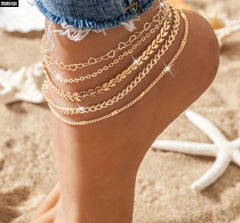 "5Pcs Bohemian Layered Anklet Set – Stylish Airplane & Heart Chain Anklets for Women – Trendy Beach Foot Jewelry in Gold & Silver"