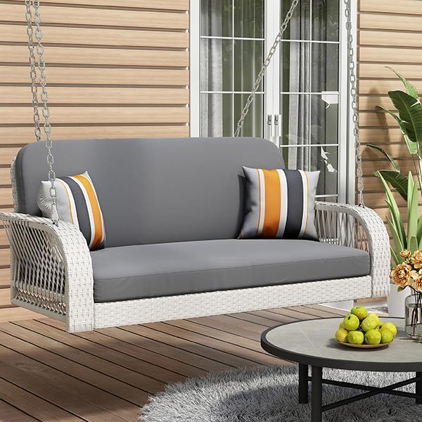 All-Weather PE Wicker Porch Swing – 2-Person Hanging Bench with Cushions and Pillows for Garden, Patio, Poolside